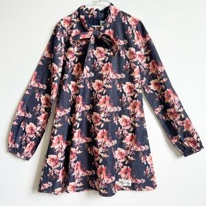 Makena Lane Grey and Pink Floral Long Sleeve Girl's Dress with Bow Size 8